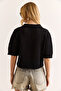 Women's Black Polo Neck Openwork Cotton Knitwear Blouse Blz-19002986 - 7