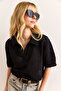 Women's Black Polo Neck Openwork Cotton Knitwear Blouse Blz-19002986