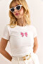Women's White Sequin Bow Detailed Slim Ribbed Crop Blouse Blz-19002989
