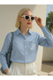 Blue Striped Pocket Embroidered Women's Shirt - 2