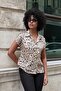 Women's Collared Off-Shoulder Short Sleeve Stylish Shirt-Dark Beige Leopard