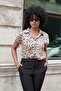 Women's Collared Off-Shoulder Short Sleeve Stylish Shirt-Dark Beige Leopard - 2