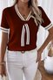 Women's College Style Stripe V-Neck Polo Style Burgundy Blouse - 3
