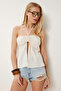 Halter Neck Gathered Linen Blouse Cream Lns0061 - 2