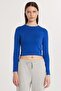 Women's Slim Fit Cotton Long Sleeve Plain Crew Neck Blue Blouse - 3