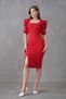 Women's Design Stretch Fabric Slit Detail Square Neck Short Sleeve Midi Length Red Dress 026 - 6