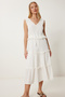 V-Neck Flounced Linen Dress Ecru Lyy0089