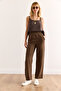 Women's Brown Elastic Waist Front Stitched Washed Buckle Linen Trousers Pnt-19000342 - 3