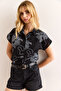 Women's Chain Black Patterned Linen Bat Shirt Gml-19001129 - 5