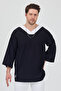 V-Neck 4/3 Sleeve White Piping Oversize T-Shirt Drop Shoulder - 4