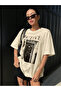 - Women's Beige Active Printed Oversize Tshirt - Crew Neck Printed Cotton - 4
