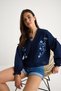 Women's Navy Blue V-Neck Embroidered Elastic Sleeves Summer Muslin Shirt G28-4889 60283343 - 2