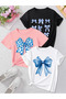 Girl's 3 Pack Blue Ribbons Printed Combed Cotton T-Shirt (Black-White-Pink)