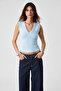 Lescosa Women Slim V Neck Sleeveless Blue Blouse - 3
