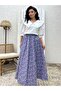 Indigo Blue-Lilac Floral Poplin Flared Skirt