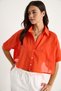 Women's Orange V-Neck Single Pocket Detailed Short Cotton Linen Summer Shirt 232-2043 60283347 - 3