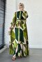Geometric Pattern Belted Viscose Dress-Green - 2