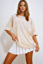 Women's Beige Crew Neck Oversized Pearl and Stone Embroidered T-Shirt Prmx11964 - 3