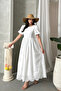 Imported Special Design Elastic Waist Tie-Back Detail Floral Pattern Premium Eyelet Embroidery Dress - 5