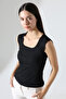 Leon Slim Fit U-Neck Moon Sleeve Flexible Basic Camisole Women's Top & Blouse & Tshirt - Black - 4