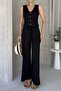 Women's Sleeveless Button Vest and Wide Leg Pants Bottom-Top Suit Black - 2