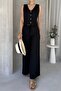 Women's Sleeveless Button Vest and Wide Leg Pants Bottom-Top Suit Black - 3