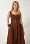 Women's Brown Zipper Detailed Midi Poplin Dress Ub00340 - 2