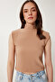 Women's Ecru Biscuit Stand Collar Padded Ribbed Flexible 2 Pack Knitted Blouse Us00993 - 3