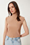 Women's Ecru Biscuit Stand Collar Padded Ribbed Flexible 2 Pack Knitted Blouse Us00993 - 4