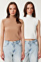 Women's Ecru Biscuit Stand Collar Padded Ribbed Flexible 2 Pack Knitted Blouse Us00993
