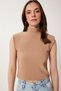 Women's Biscuit Stand Collar Padded Ribbed Stretchy Knitted Blouse Us00992 - 3