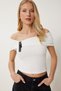 Women's White Belt Band Detailed Carmen Collar Stretchy Knitted Blouse An00242 - 2