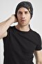 Men's Black, White Patterned, Rope Detailed 4 Season Hat Beanie Buff Ultra Soft Natural Combed Cotton - 8