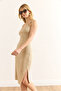 Women's Beige Garnished Slit Cotton Stretchy Knitted Dress Elb-19002403 - 2