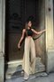 Women's Cream Linen Slit High Waist Palazzo Trousers