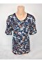 Women's Navy Blue U-Neck Short Sleeve Patterned Slit Woven Viscose Mother Combed Cotton T-Shirt