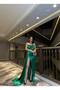 Women's Green Long Slit Strappy Front Pleated Evening Engagement Henna Wedding Night Dress