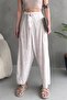 Women's Linen Look Loose Cut Beige Trousers with Tie Waist - 5
