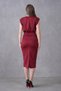 Women's Stretchy Crepe Fabric Padded Shoulder Wrap Cut Shiny Buckle Decorated Collar Midi Burgundy Dress 77119 - 3