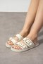 Lucia Women's Beige Double Gold Buckle Detailed Comfortable Sole Daily Slippers