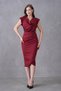 Women's Stretchy Crepe Fabric Padded Shoulder Wrap Cut Shiny Buckle Decorated Collar Midi Burgundy Dress 77119 - 2
