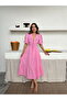 Women's Pink Lined V-Neck Stylish Patterned Muslin Fabric Short Sleeve Dress - 5