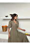 Women's Khaki Lined V-Neck Stylish Patterned Muslin Fabric Short Sleeve Dress - 2