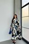Women's Black Blue Patterned Long Sleeve, Belted, Long Viscose Shirt Dress