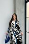 Women's Black Blue Patterned Long Sleeve, Belted, Long Viscose Shirt Dress - 3