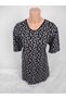Women's Black White U Neck Short Sleeve Patterned Slit Woven Viscose Mother Combed Cotton T-Shirt