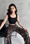 Square Neck Corded Fabric Crop & Leopard Patterned Bürümcük Palazzo Pants Women's Two-Piece Set - 2