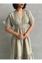 Women's Khaki Lace Detailed Linen Textured Dress - 5