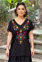 Black V-Neck Bouquet Embroidered Cotton Satin T-Shirt
