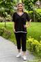 طقم مكون من قطعتين مخطط بأكمام قصيرة باللون الأسود - بلوزة وبنطلون - 2